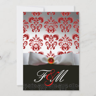 Invitation RUBAN ROUGE BLANC & MONOGRAMME EN DAMAS NOIR Ruby