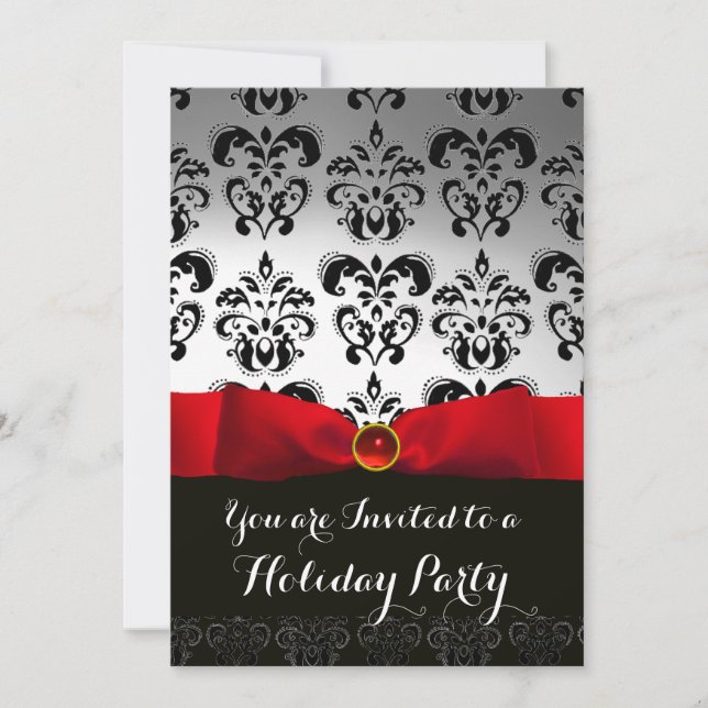 Invitation RUBAN ROUGE BLANC NOIR DAMASK FÊTE DE NOËL Ruby (Devant)
