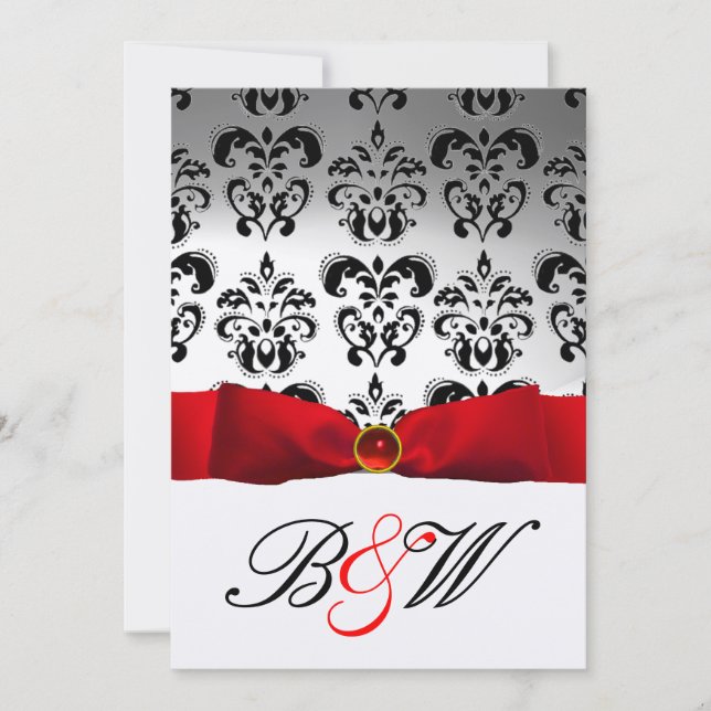 INVITATION RUBAN ROUGE BLANC NOIR  DAMASQUE MONOGRAMME (Devant)