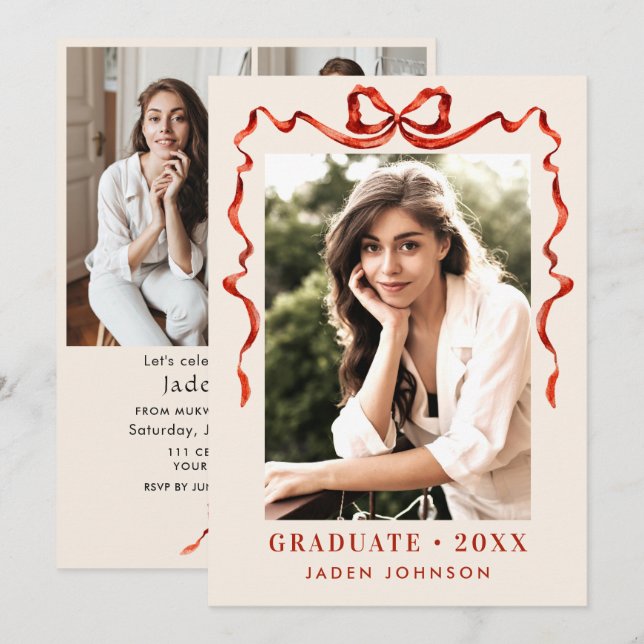 Invitation Ruban rouge branché 4 PHOTO Fête de graduation (Devant / Derrière)