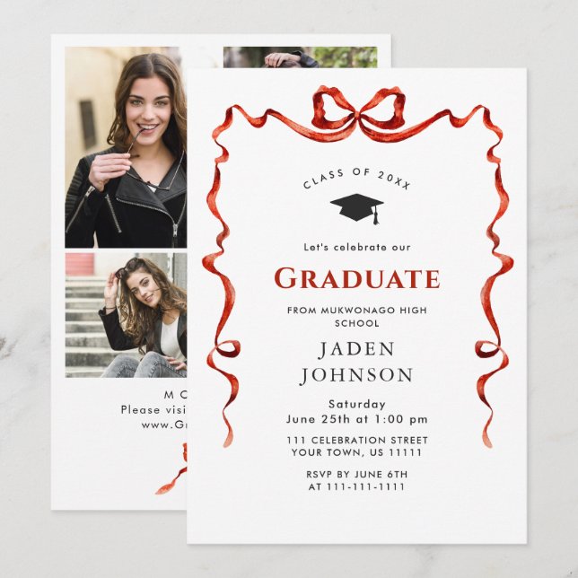 Invitation Ruban rouge branché 4 PHOTO Fête de graduation (Devant / Derrière)