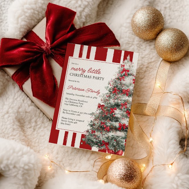Invitation Ruban Rouge Coquette Joyeux Petit Arbre de Noël Fê (Red Coquette Bow Merry Little Christmas Tree Party Invitation)