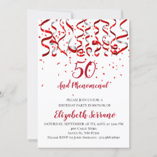 Invitation Ruban rouge et argent et Confetti rouge 50e annive