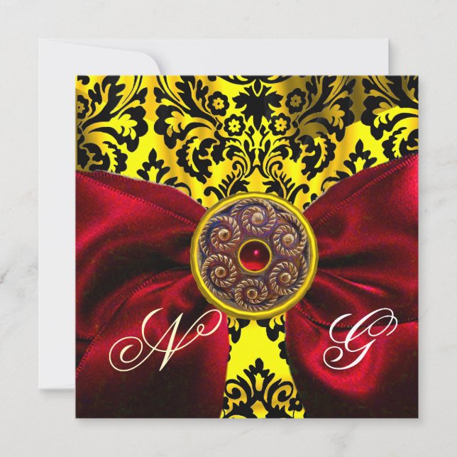 INVITATION RUBAN ROUGE OR JAUNE  NOIR  DAMAS MONOGRAMME (Devant)