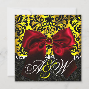 INVITATION RUBAN ROUGE OR JAUNE  NOIR  DAMAS MONOGRAMME