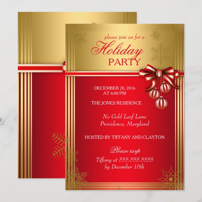 Invitation Ruban Rouge Or Noël Fêtes (Devant / Derrière)