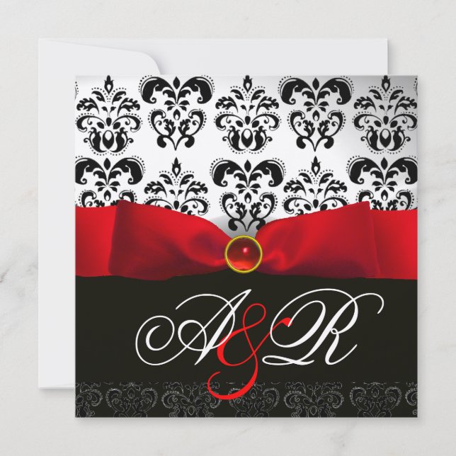 INVITATION RUBAN ROUGE RUBIS BLANC NOIR  DAMAS MONOGRAMME (Devant)