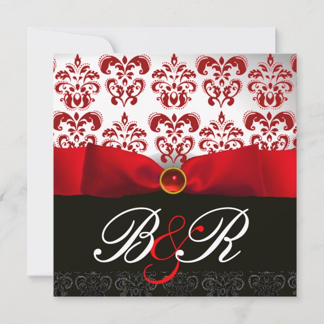 INVITATION RUBAN ROUGE RUBIS BLANC NOIR  DAMAS MONOGRAMME (Devant)