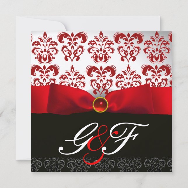 INVITATION RUBAN ROUGE RUBIS OR NOIR  DAMAS MONOGRAMME (Devant)