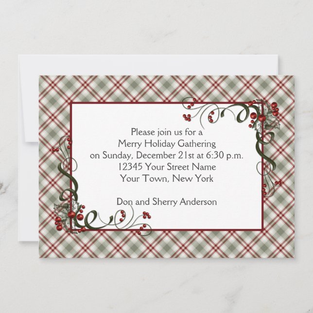 Invitation Ruban rouge vert Plaid Holly Berries (Devant)