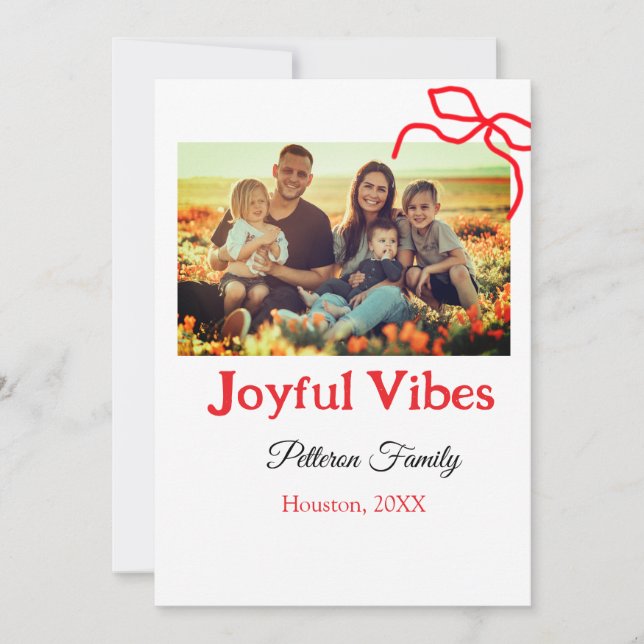 Invitation Ruban rouge vibes joyeuses ajouter nom de famille  (Devant)