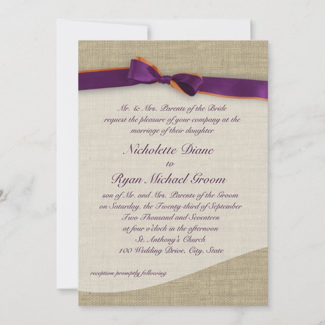 Invitation Ruban rustique et Mariage orange et violet Burlap (Devant)