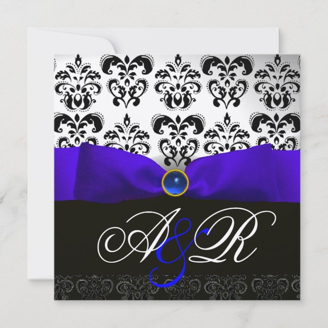 INVITATION RUBAN SAPPHIR BLEU BLANC NOIR DAMAS MONOGRAMME (Devant)