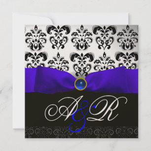 INVITATION RUBAN SAPPHIR BLEU BLANC NOIR DAMAS MONOGRAMME
