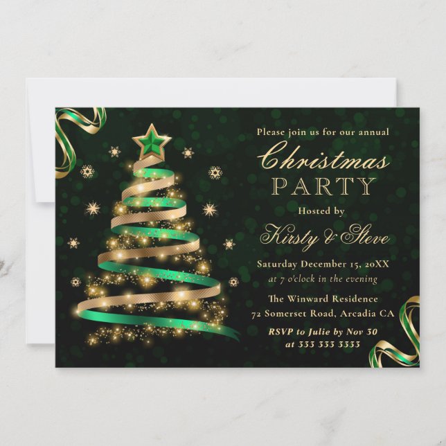 Invitation Ruban scintillant vert et or arbre de Noël fête de (Devant)