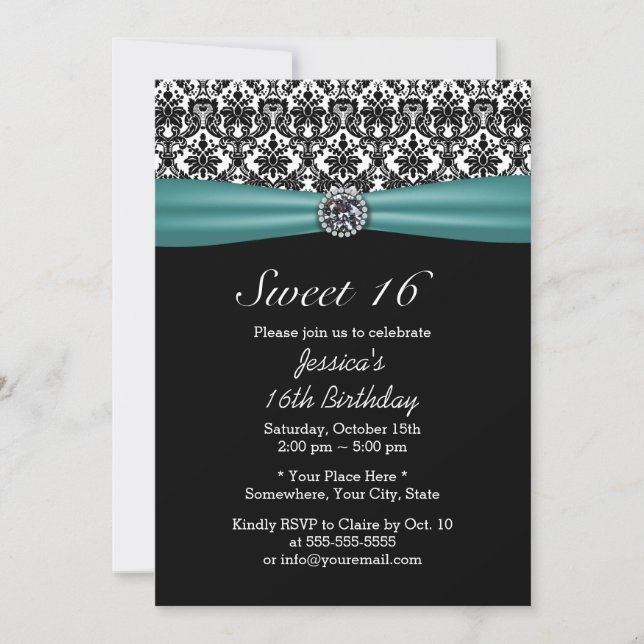 Invitation Ruban turquoise et Damas Chic Diamond Sweet 16 (Devant)