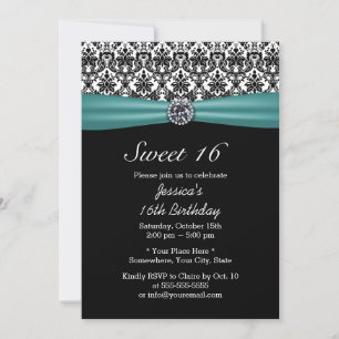Invitation Ruban turquoise et Damas Chic Diamond Sweet 16