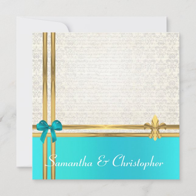 Invitation Ruban Turquoise et or avec damas blanc (Devant)