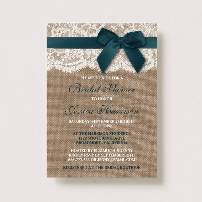 Invitation Ruban turquoise Sur Burlap & Fête des mariées Dent (Créateur téléchargé)
