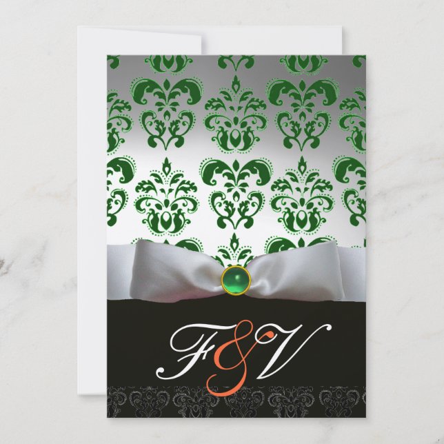 Invitation RUBAN VERT ARGENTÉ & MONOGRAMME EN DAMAS NOIR Oran (Devant)