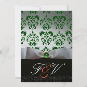 Invitation RUBAN VERT ARGENTÉ & MONOGRAMME EN DAMAS NOIR Oran