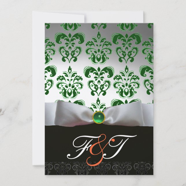 Invitation RUBAN VERT BLANC & DAMAS NOIR MONOGRAMME Orange (Devant)