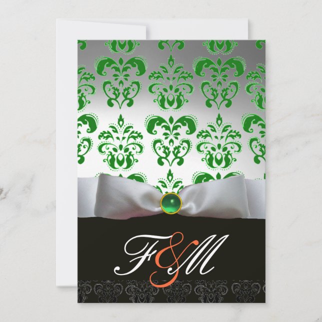 Invitation RUBAN VERT BLANC & DAMAS NOIR MONOGRAMME Orange (Devant)