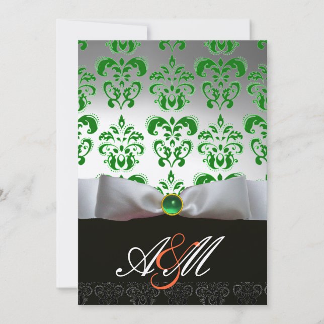 Invitation RUBAN VERT BLANC & MONOGRAMME DAMAS NOIR Or (Devant)