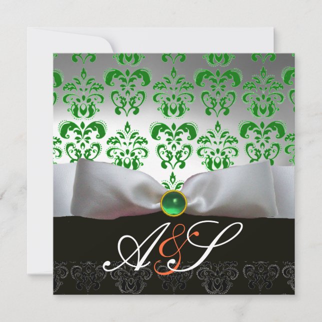 Invitation RUBAN VERT BLANC & MONOGRAMME EN DAMAS NOIR Or (Devant)
