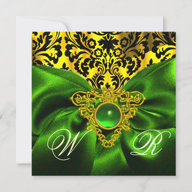 INVITATION RUBAN VERT CŒUR CELTIQUE OR MONOGRAMME DAMASSÉ (Devant)