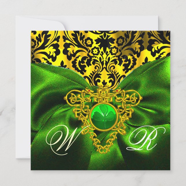 INVITATION RUBAN VERT OR CŒUR CELTIQUE DAMASSÉ MONOGRAMME (Devant)