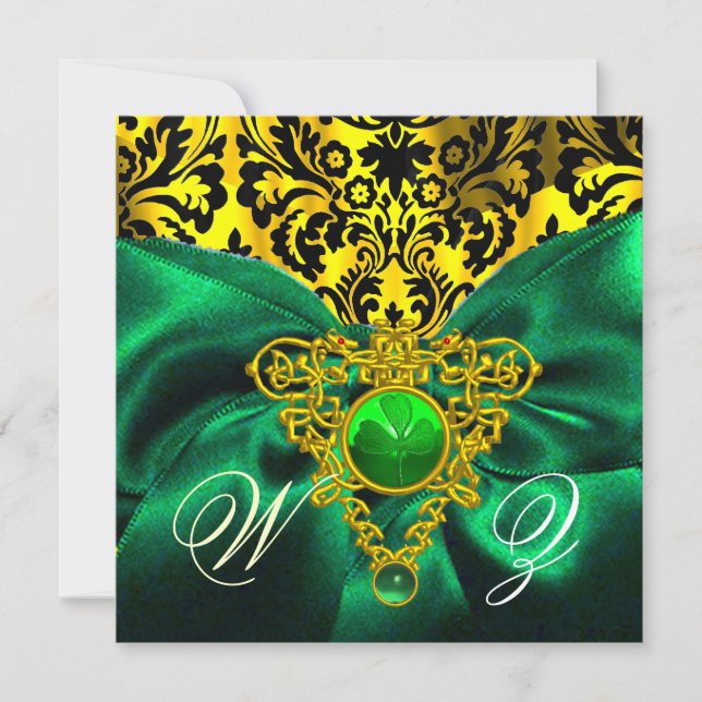 INVITATION RUBAN VERT OR COEUR CELTIQUE DAMASSÉ MONOGRAMME (Devant)