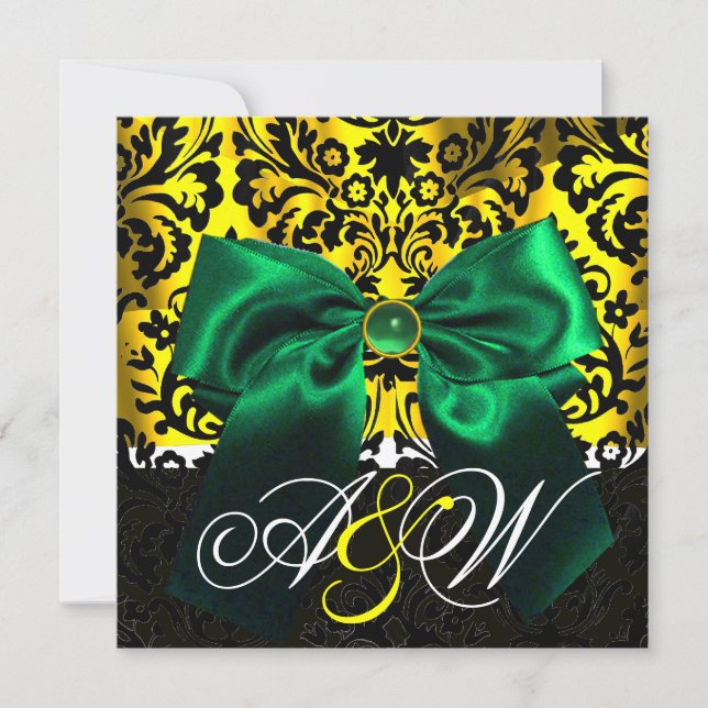 INVITATION RUBAN VERT OR JAUNE NOIR  DAMAS MONOGRAMME (Devant)