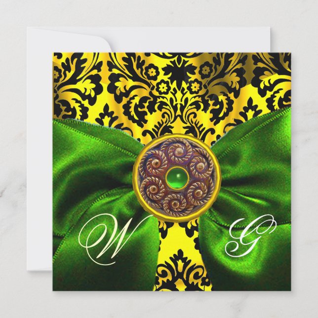 INVITATION RUBAN VERT OR JAUNE  NOIR  DAMAS MONOGRAMME (Devant)