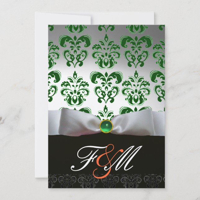 Invitation RUBAN VERT OR & MONOGRAMME EN DAMAS NOIR Orange (Devant)