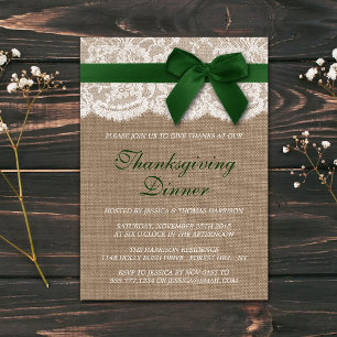 Invitation Ruban Vert Sur Burlap Et Dentelle Dîner D'Action D