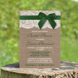 Invitation Ruban vert sur Burlap & Fête des mariées en dentel