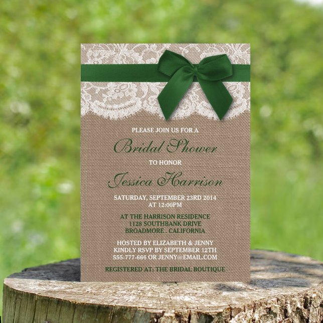 Invitation Ruban vert sur Burlap & Fête des mariées en dentel (Créateur téléchargé)