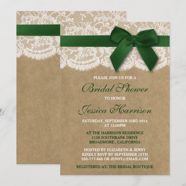Invitation Ruban Vert Sur Fête des mariées Kraft & Dentelle (Devant / Derrière)