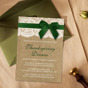 Invitation Ruban Vert Sur Kraft Et Dîner D'Action De Grâce De