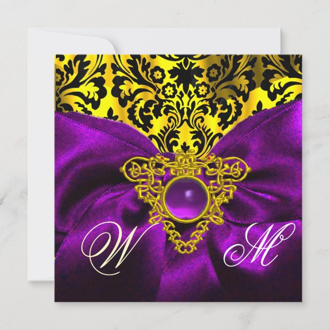 INVITATION RUBAN VIOLET OR CŒUR CELTIQUE MONOGRAMME DAMASSÉ (Devant)