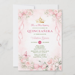 Invitation Rubans à nœud floral rose Blush Quinceañera