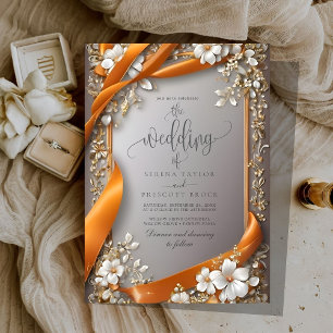 Invitation Rubans beige orange Mariage fleuri orange