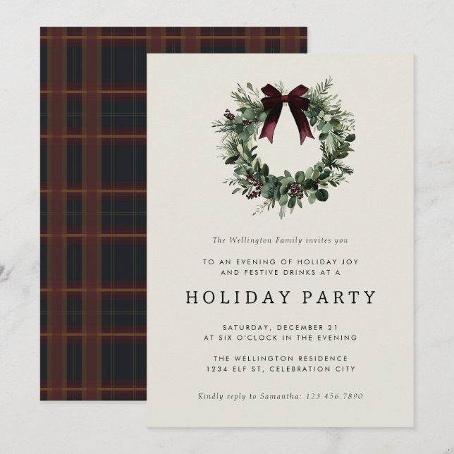 Invitation Rubans de Couronne de Noël de Fête de Vacances (Devant / Derrière)