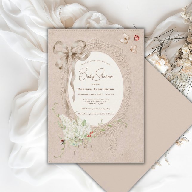 Invitation Rubans de lilas blancs bébé fantaisiste vintage (Créateur téléchargé)