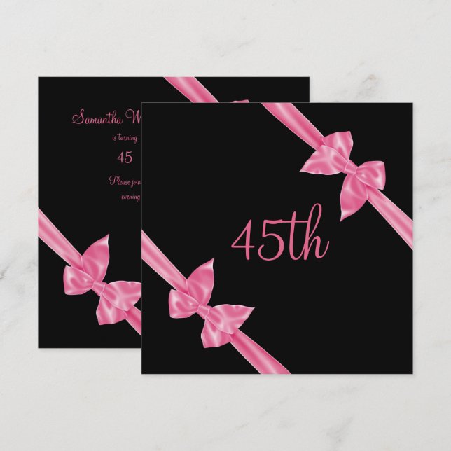 Invitation Rubans de satin rose élégants 45e anniversaire (Devant / Derrière)