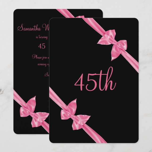Invitation Rubans de satin rose élégants 45e anniversaire (Devant / Derrière)