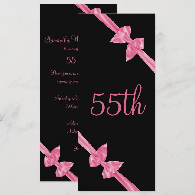 Invitation Rubans de satin rose élégants 55e anniversaire (Devant / Derrière)