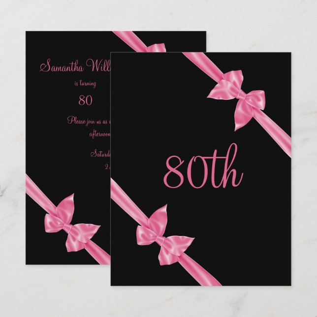 Invitation Rubans de satin rose élégants pour 80e anniversair (Devant / Derrière)