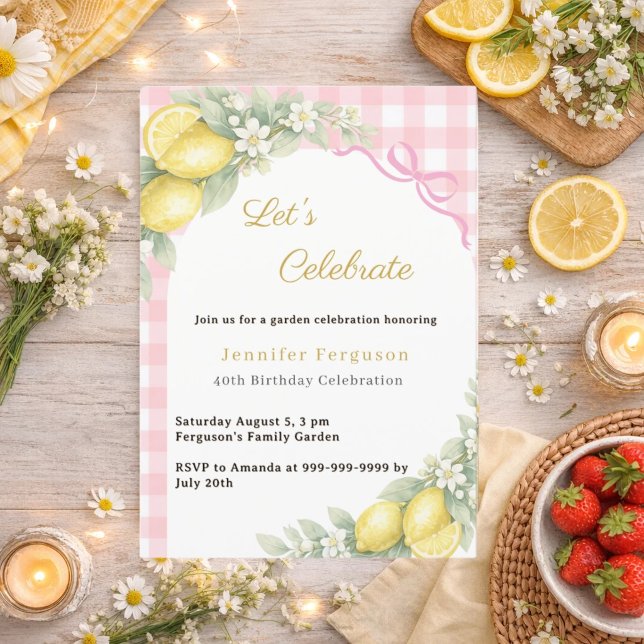 Invitation Rubans gingham rose citrons été jardin thé anniver (Créateur téléchargé)